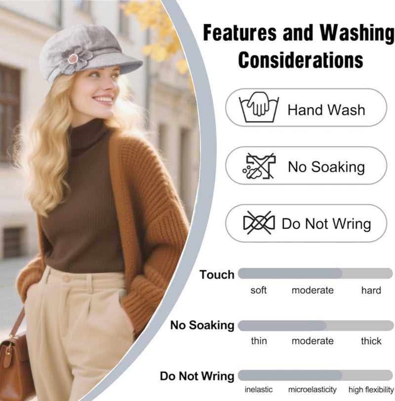 stablerice 2 Pcs Womens Newsboy Cap Women Retro Classic Visor Newsboy Cabbie Cap Beret Hats with Flower Buckle - Image 4